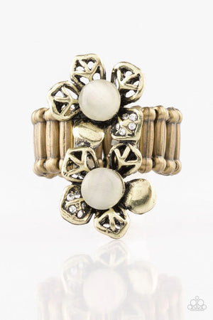 Paparazzi “Magnolia Mansions” Brass White Moonstone Floral Stretch Ring