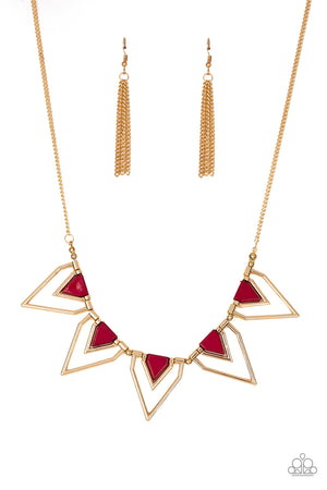 Paparazzi "The Pack Leader" - Red Gold Triangular Geometric Necklace