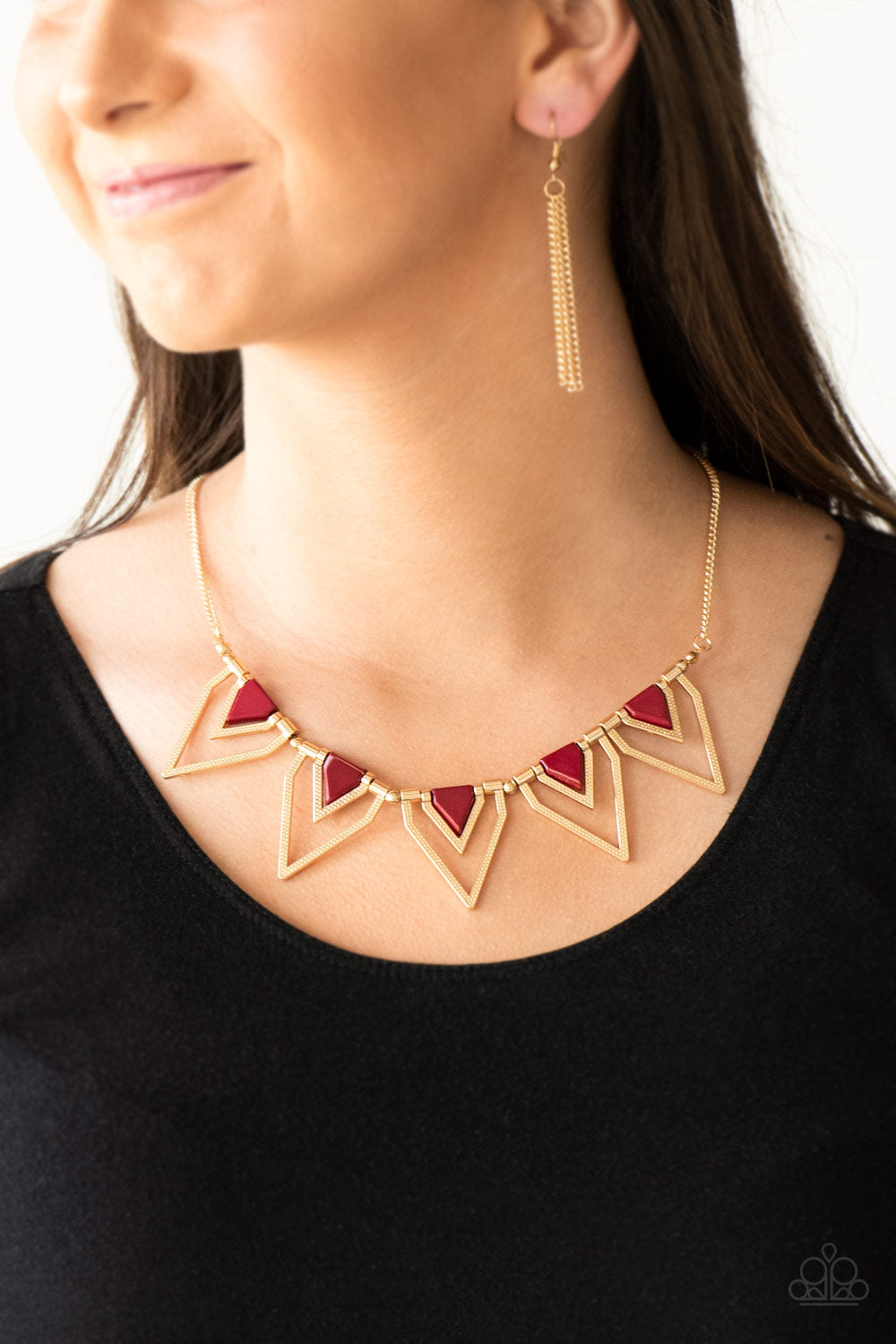 Paparazzi "The Pack Leader" - Red Gold Triangular Geometric Necklace