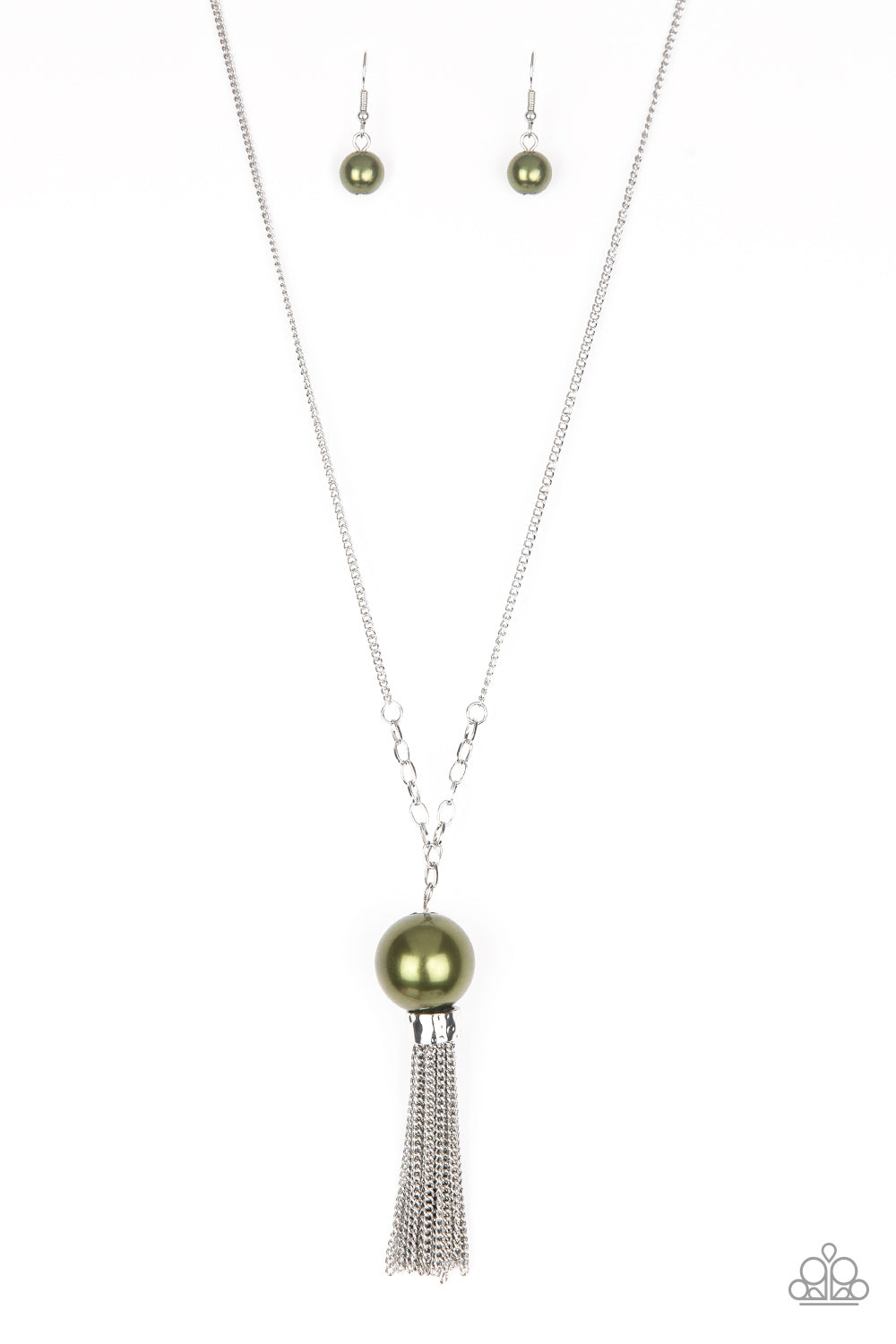 Paparazzi "Belle Of The BALLROOM" - Olive Green Pearly Bead Tassel Necklace