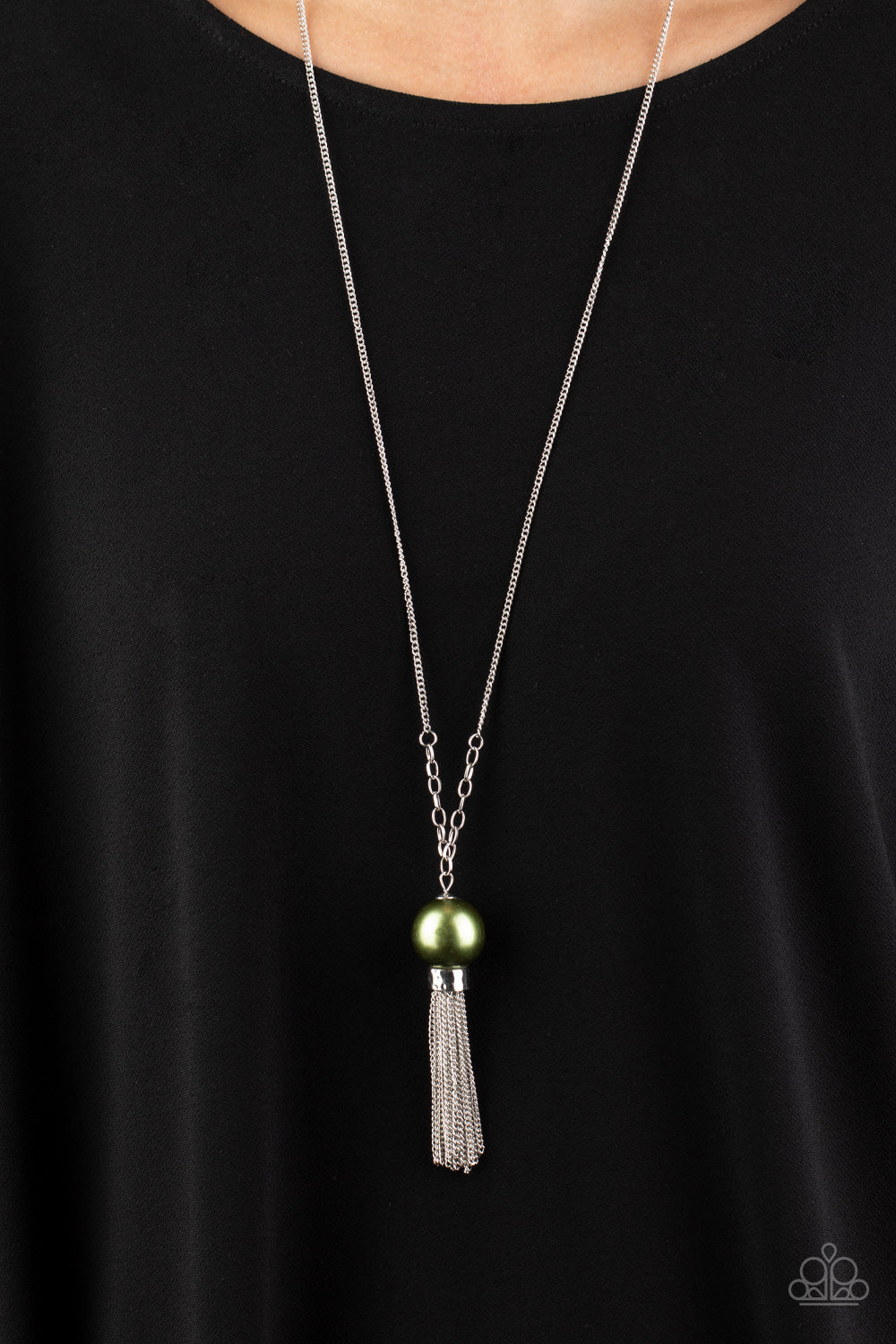 Paparazzi "Belle Of The BALLROOM" - Olive Green Pearly Bead Tassel Necklace