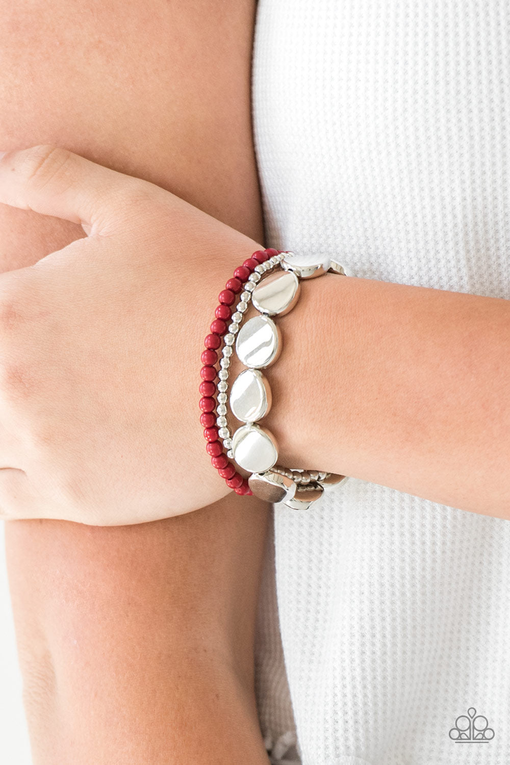 Paparazzi "Beyond The Basics" - Wine Red & Silver Stretch Bracelets