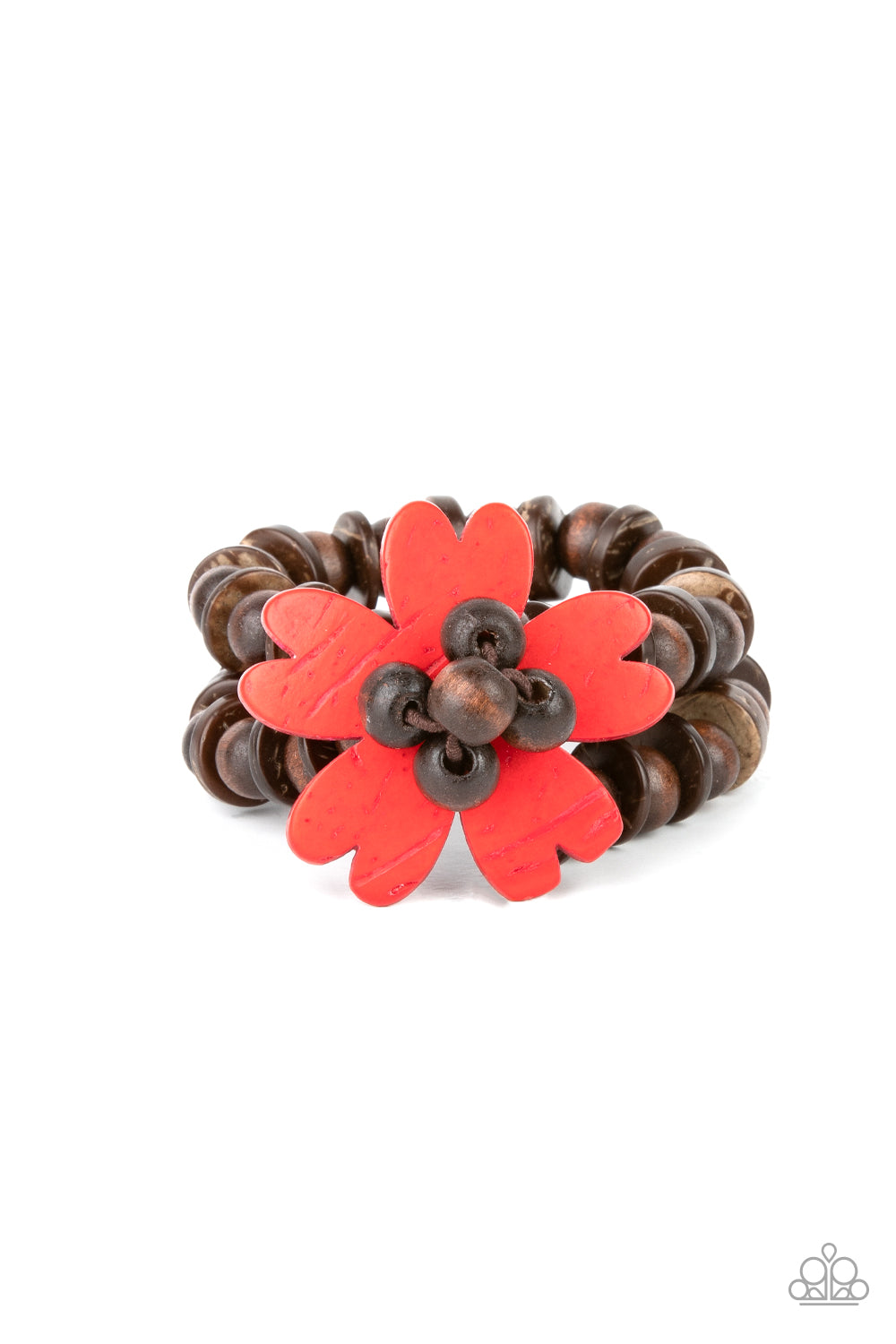 Paparazzi "Tropical Flavor" - Red & Brown Wooden Floral Stretch Bracelet