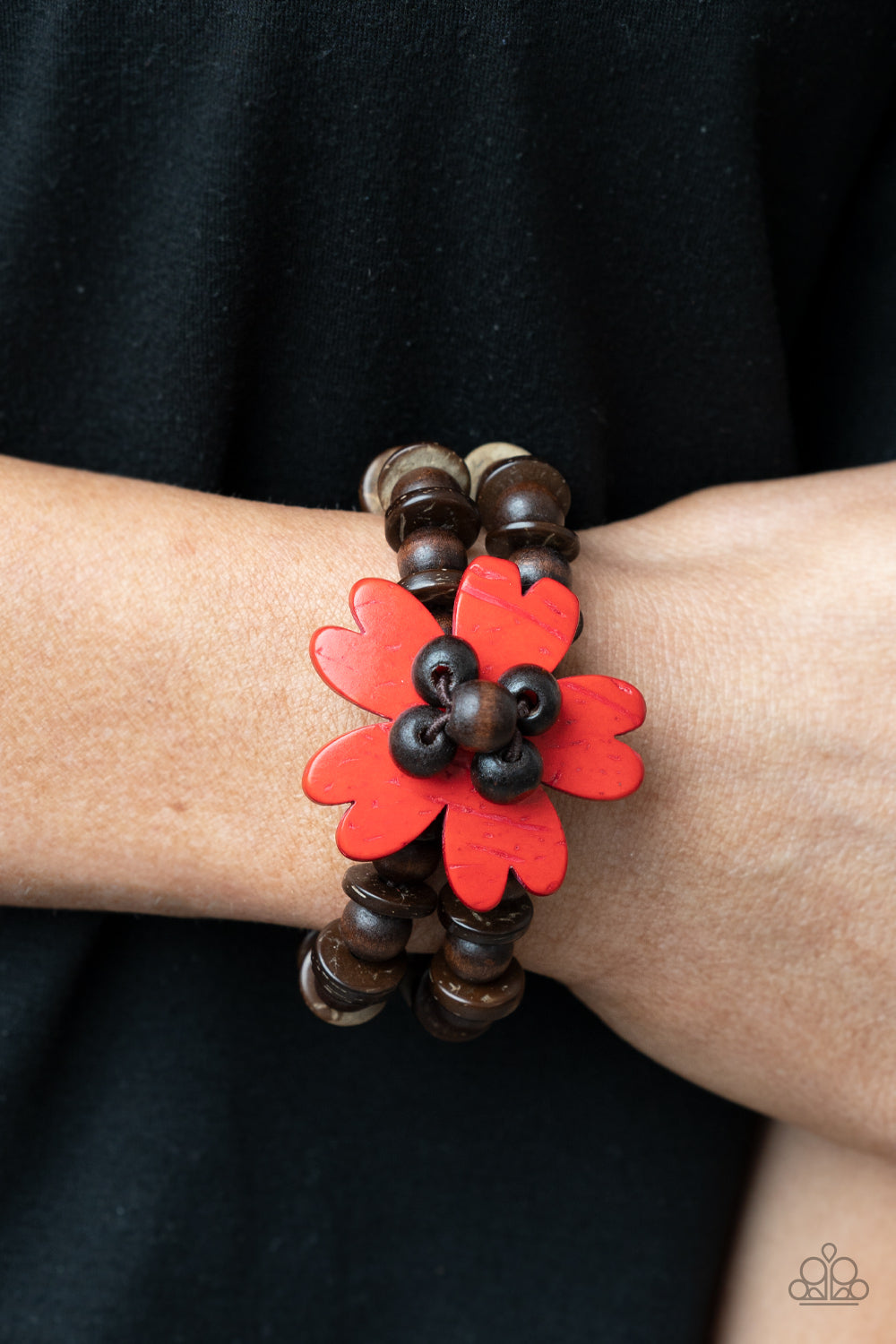 Paparazzi "Tropical Flavor" - Red & Brown Wooden Floral Stretch Bracelet