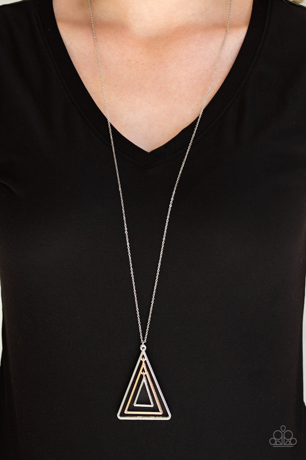 Paparazzi “TRI-Harder” Gold and Silver Triangular Pendant Necklace