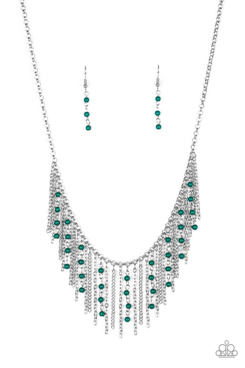 Paparazzi “Harlem Hideaway” Green and Silver Fringe Tassel Necklace