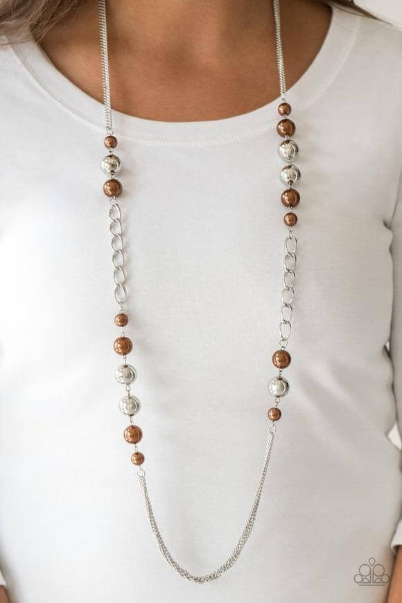 Paparazzi Necklace “Uptown Talker” Pearly Brown and Silver Necklace - Brighten Up and Bling It