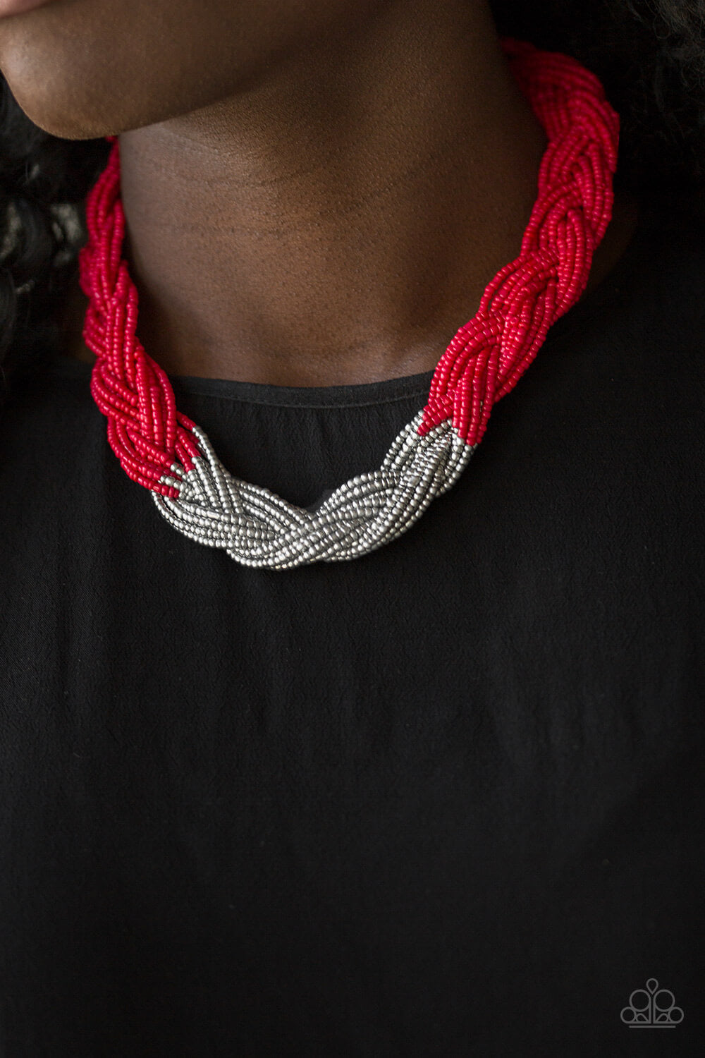 Paparazzi “Brazilian Brilliance” Red and Silver Braided Seed Bead Necklace