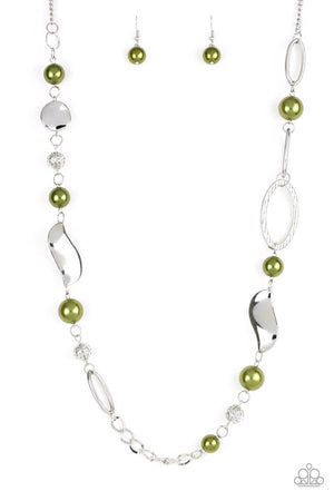 Paparazzi “All About Me” Olive Green Pearly Bead and Silver Ornate Necklace