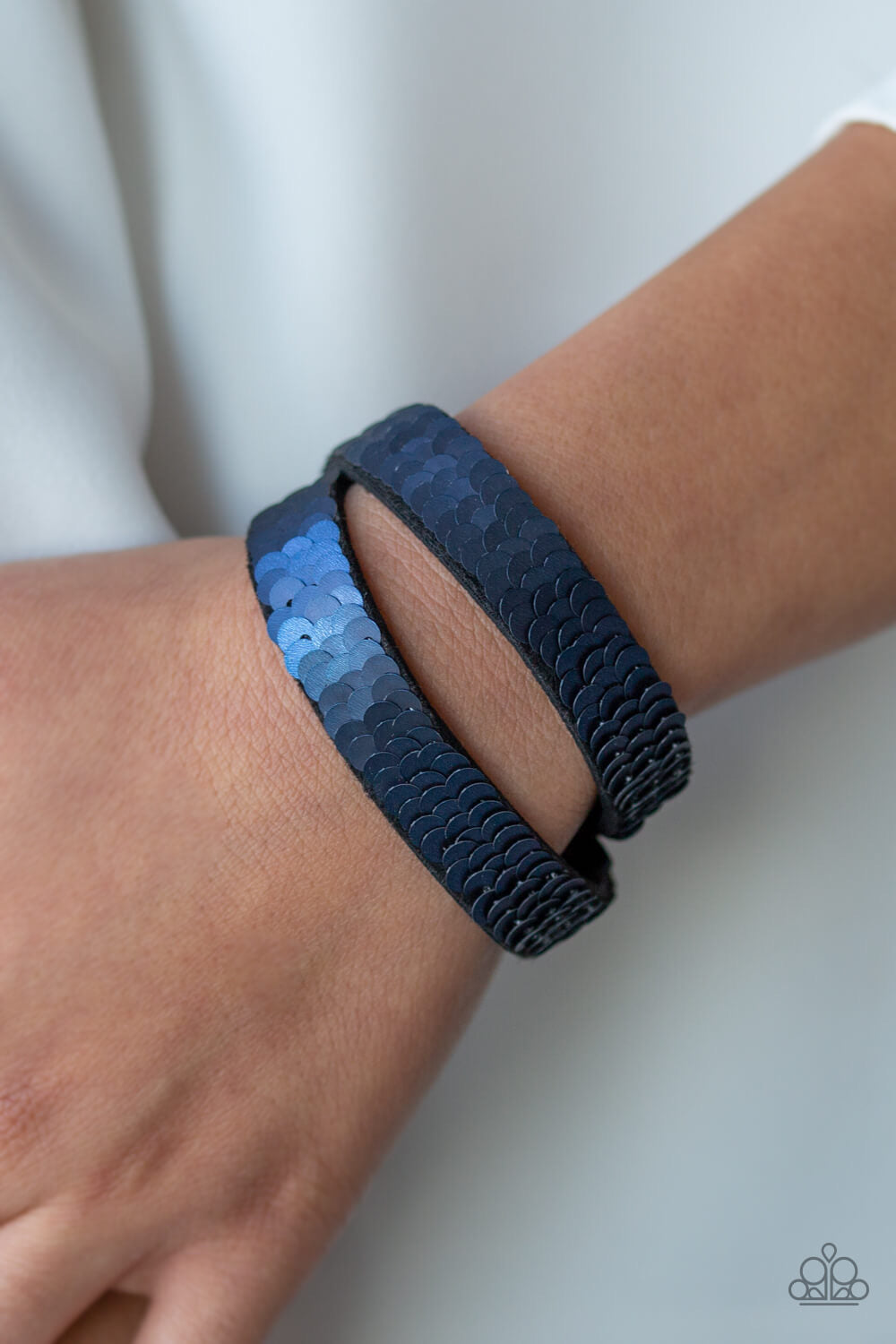 Paparazzi “Under the Sequins” Reversible Blue to Silver Double Leather Wrap Bracelet