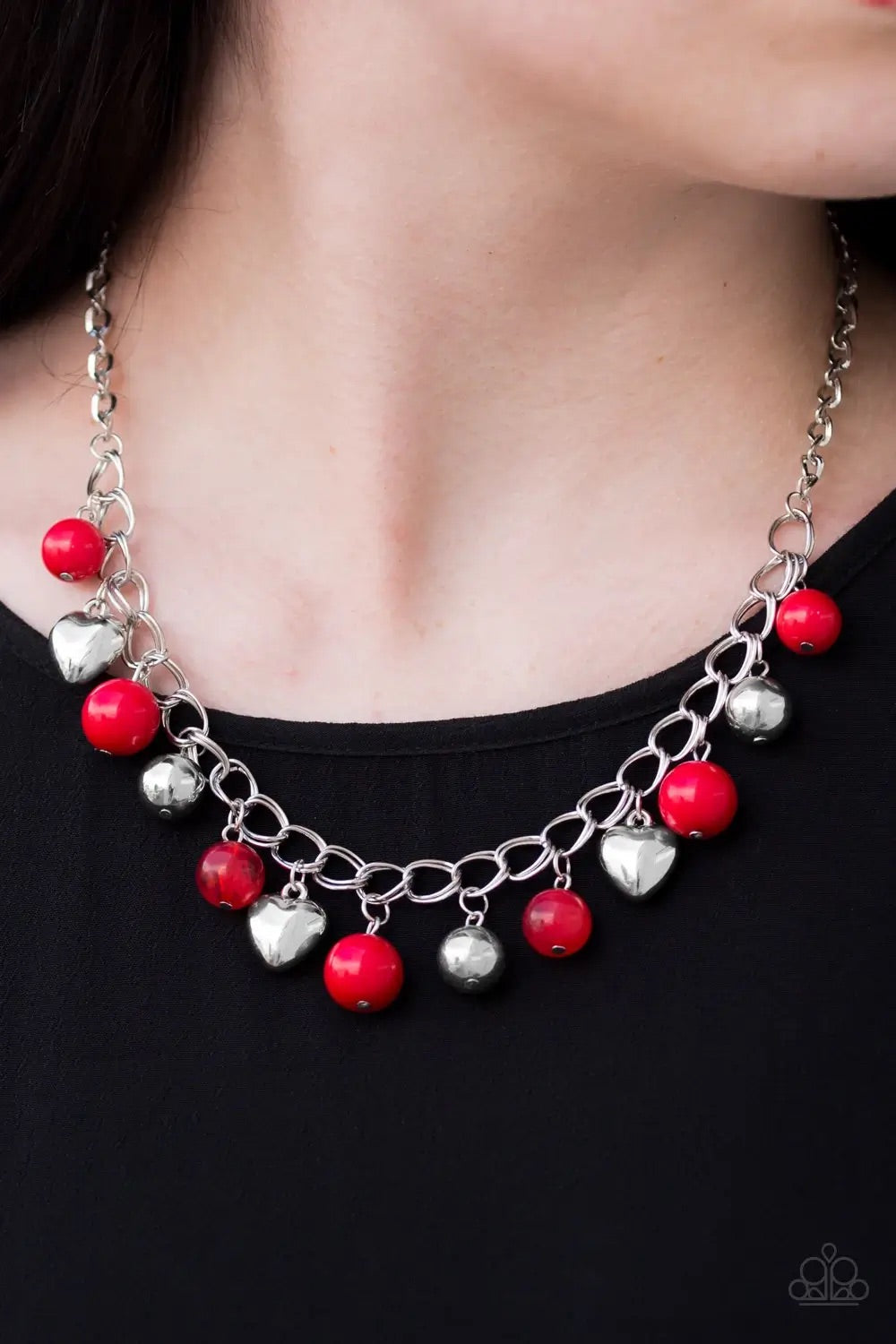 Paparazzi “Summer Fling” Red Bead Silver Heart Necklace