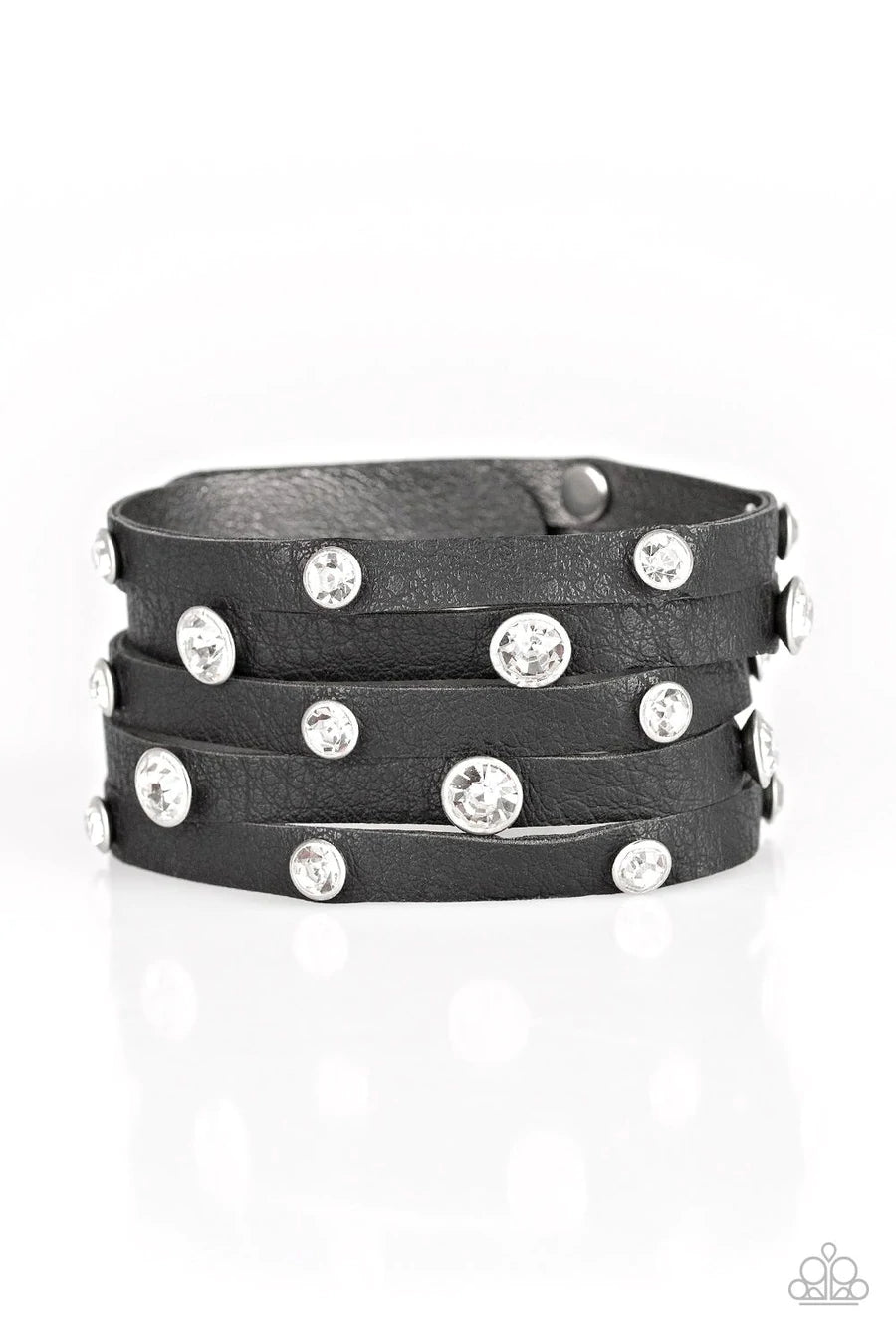 Paparazzi “Rhinestone Reputation” Black Leather Snap Bracelet