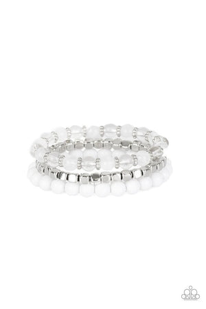 Paparazzi “Globetrotter Glam” White Bead Silver Cube Stretch Bracelet