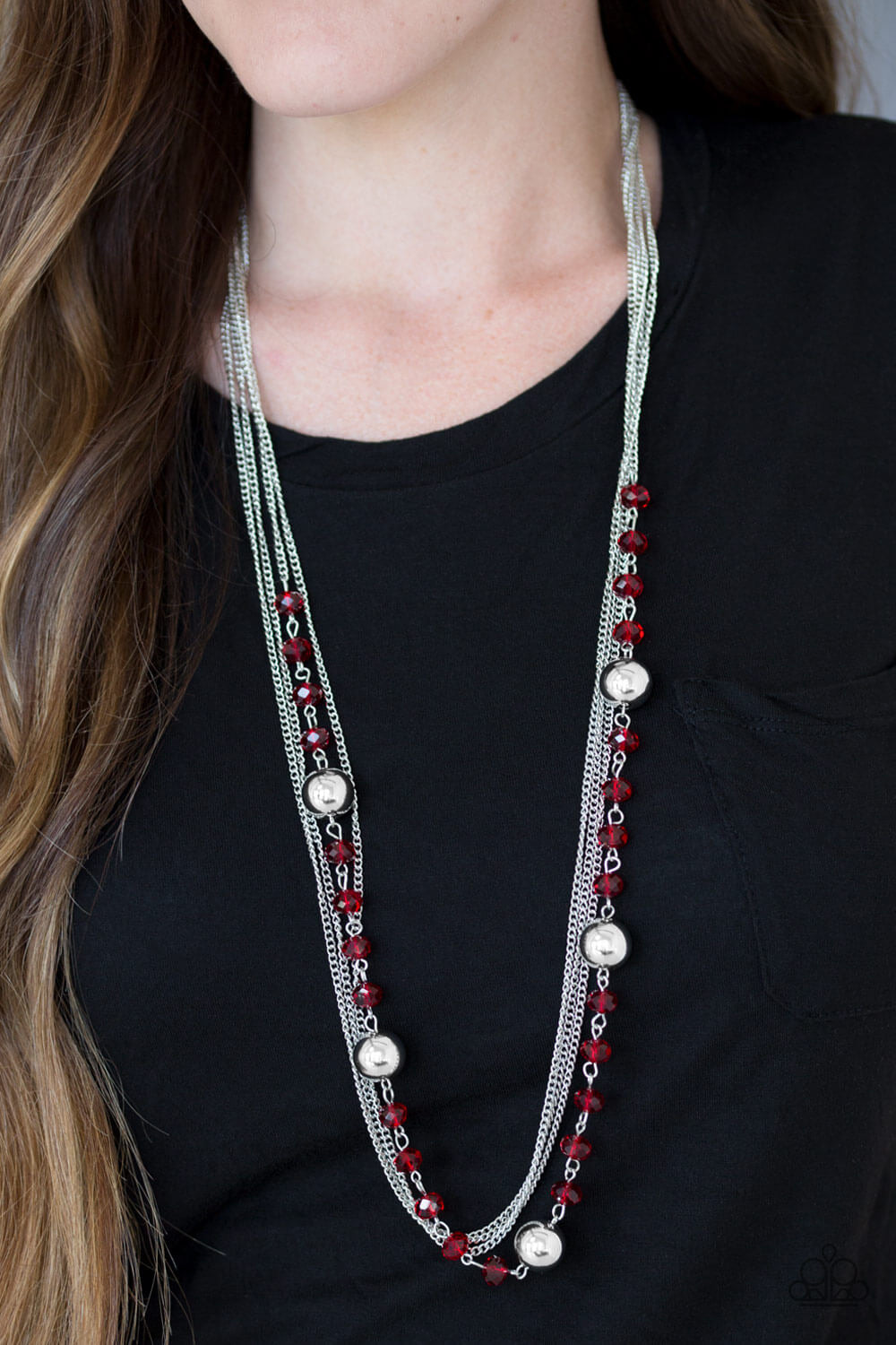Paparazzi “High Standards” Red and Silver Shimmery Mid-length Multi Strand Necklace