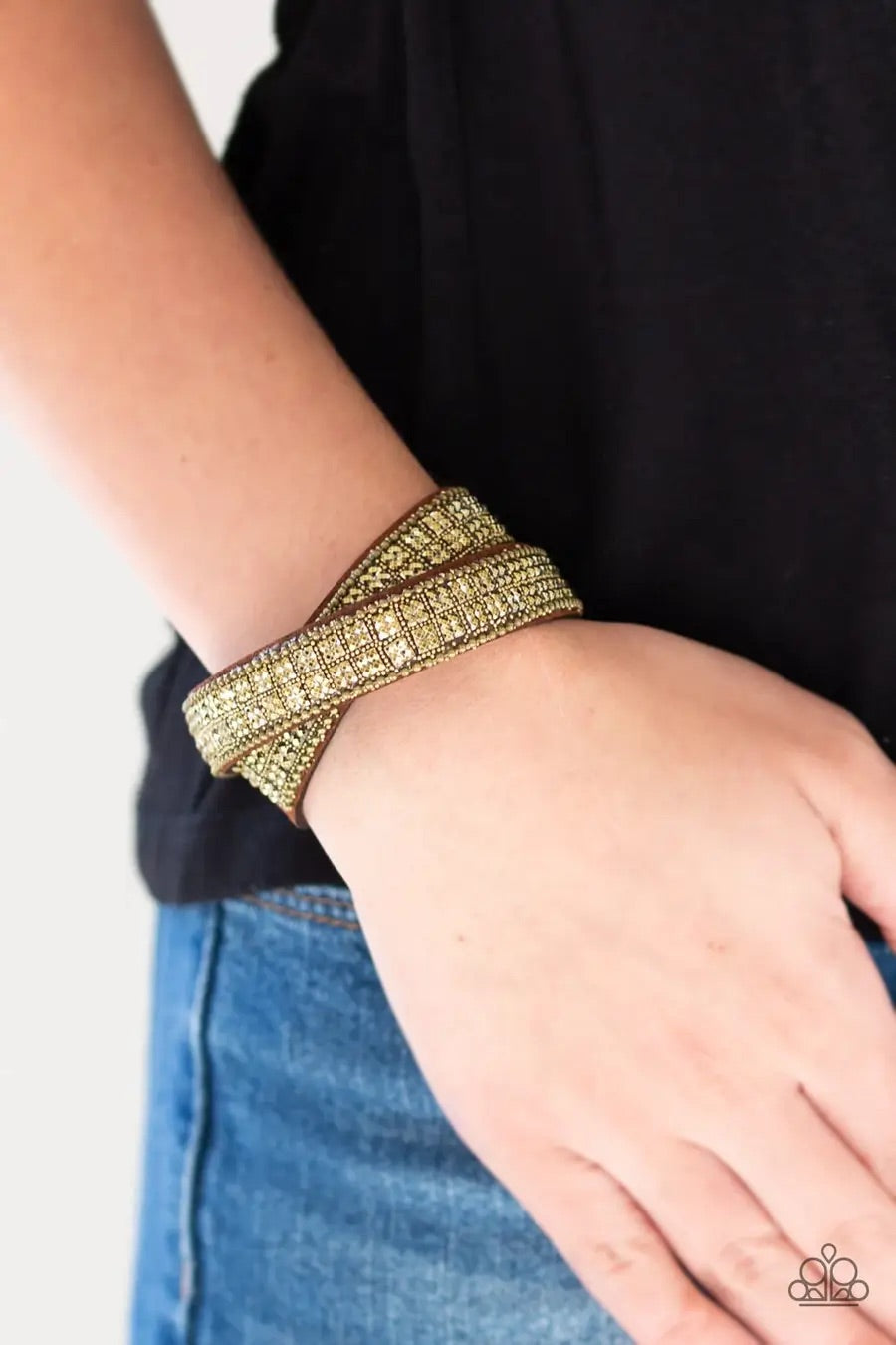 Paparazzi “Rock Band Refinement” - Brass Aurum Rhinestone Double Leather Wrap Bracelet