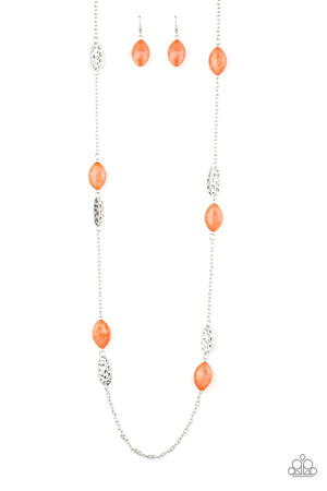 Paparazzi “Beachfront Beauty” Orange Glassy Bead Silver Hammered Necklace